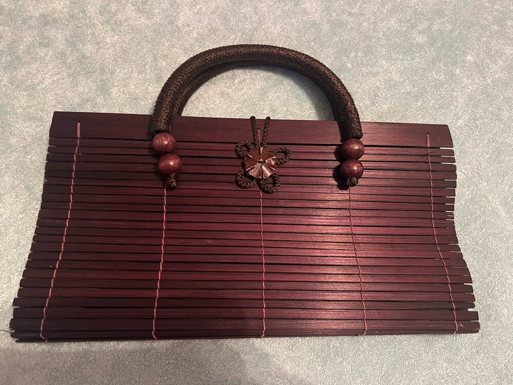 Mahogany Bamboo Slat Clutch Bag Purse W/ Rope Handle Women's Handbag Boho - Picture 1 of 4